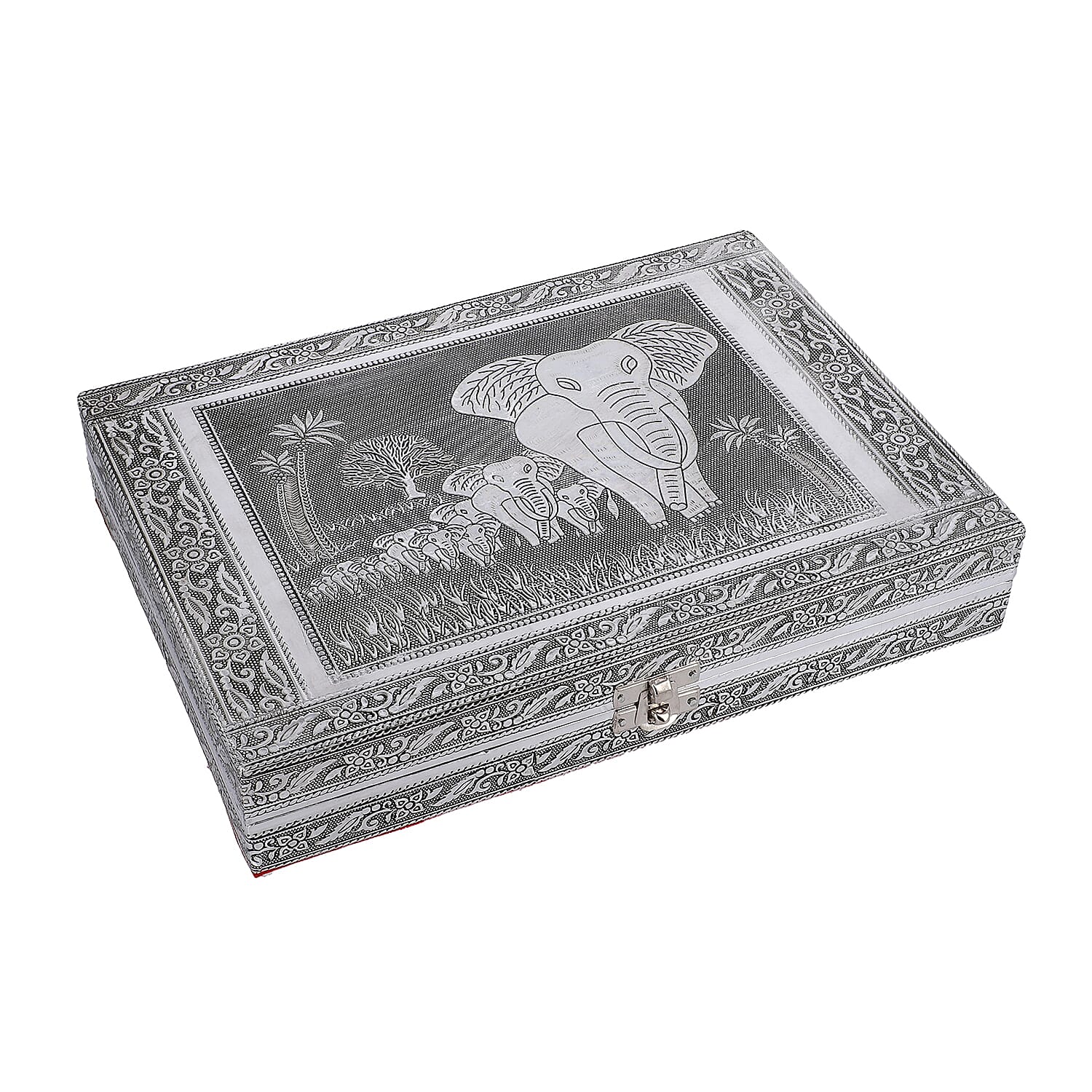 Handcrafted Aluminum Elephant Pattern Jewelry Box with Velvet Interior and Mirror (11x7.7x2)