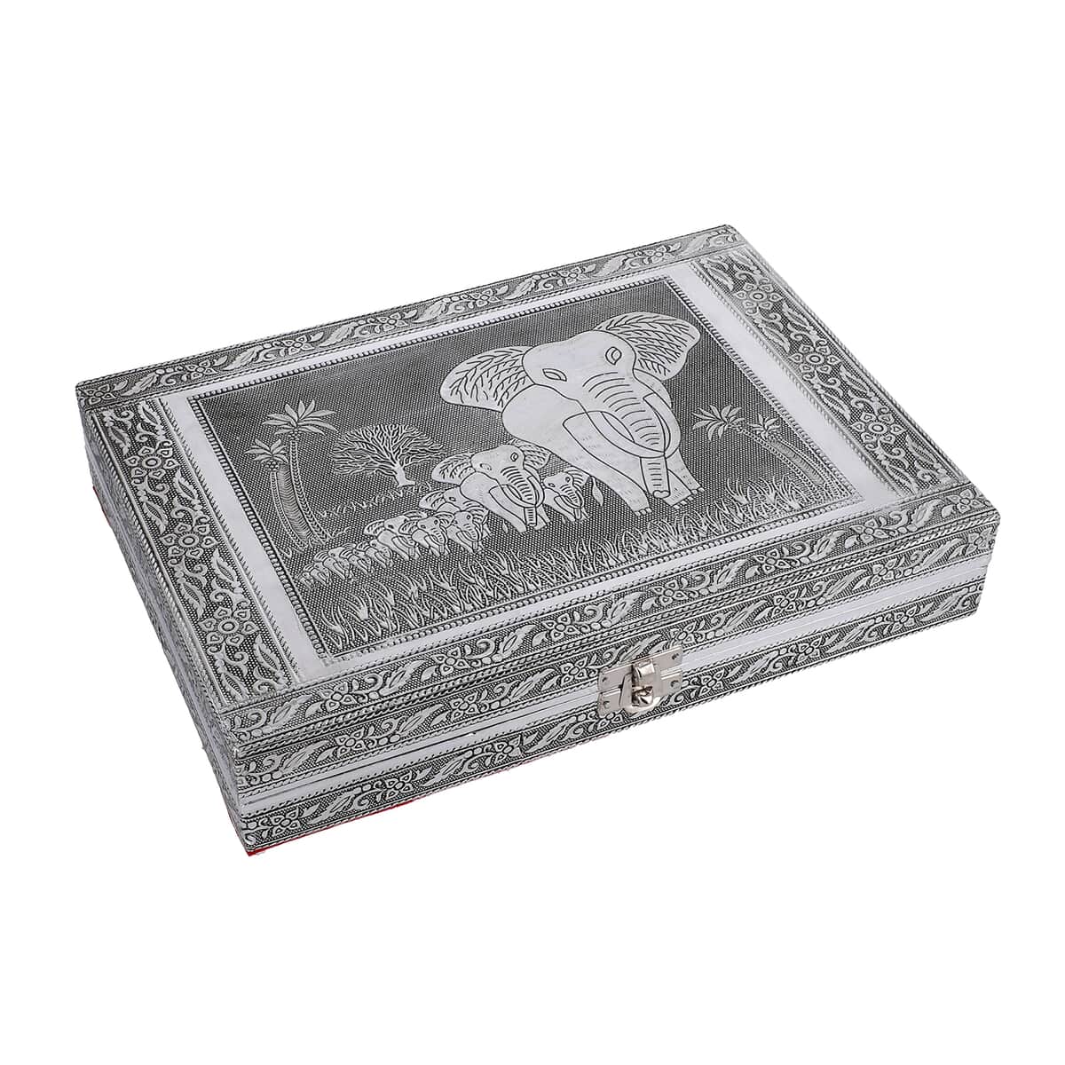 Handcrafted Aluminum Elephant Pattern Jewelry Box with Velvet Interior and Mirror (11x7.7x2) image number 2