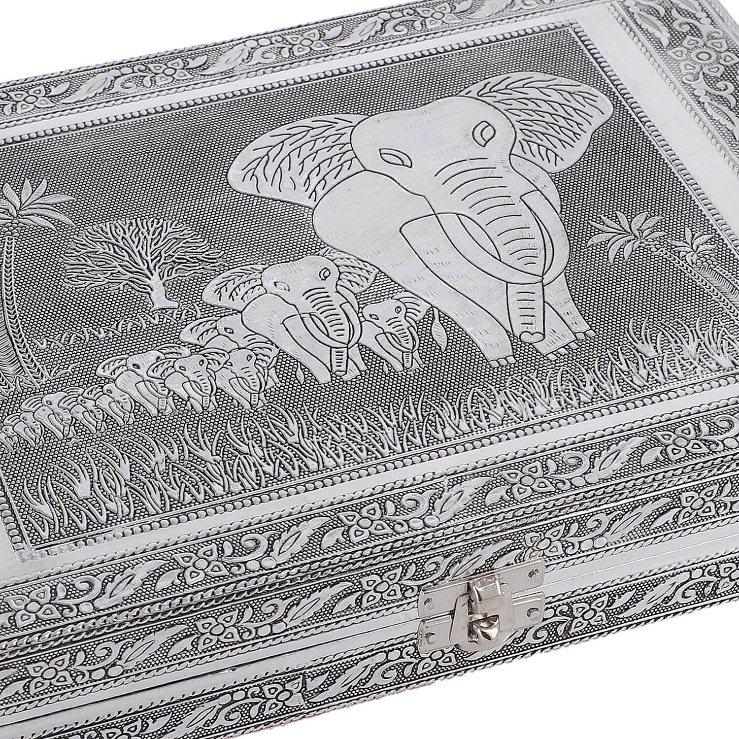 Handcrafted Aluminum Elephant Pattern Jewelry Box with Velvet Interior and Mirror (11x7.7x2)