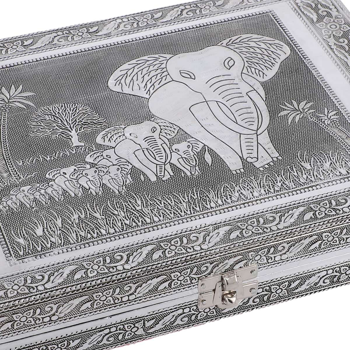 Handcrafted Aluminum Elephant Pattern Jewelry Box with Velvet Interior and Mirror (11x7.7x2) image number 3