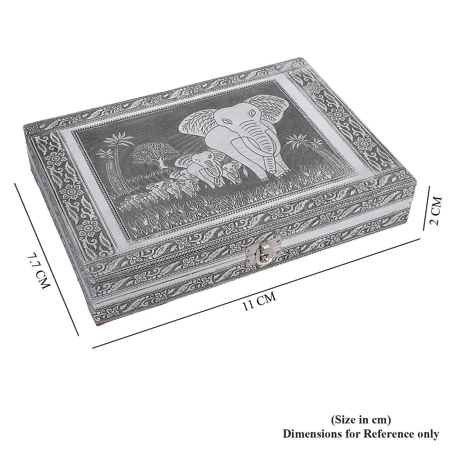 Handcrafted Aluminum Elephant Pattern Jewelry Box with Velvet Interior and Mirror (11x7.7x2)