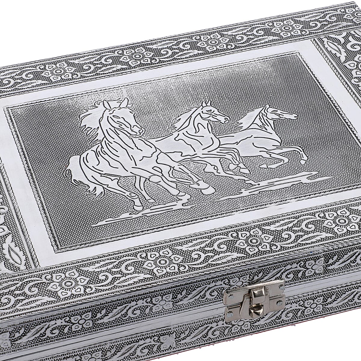 Handcrafted Aluminum Horse Pattern Jewelry Box with Velvet Interior and Mirror image number 3