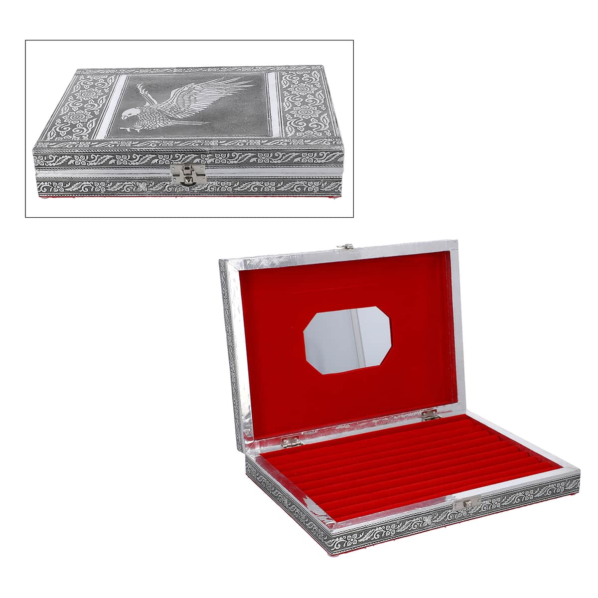 Handcrafted Aluminum Eagle Pattern Jewelry Box with Velvet Interior and Mirror (11x7.75x2) image number 0