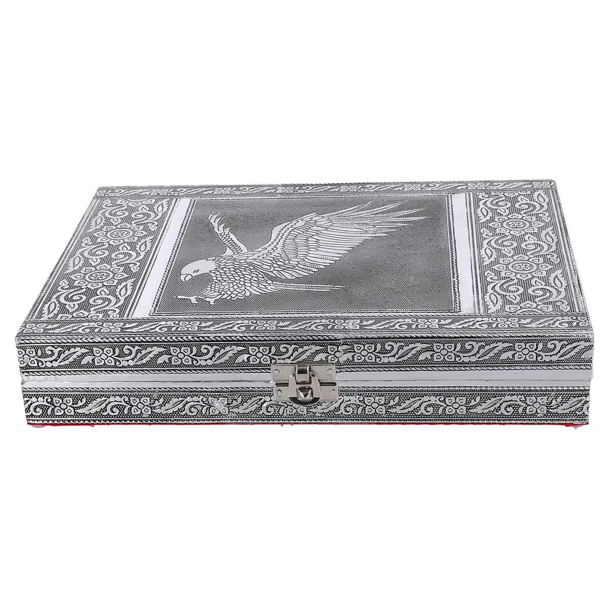 Handcrafted Aluminum Eagle Pattern Jewelry Box with Velvet Interior and Mirror (11x7.75x2) image number 1