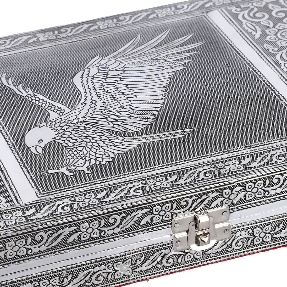 Handcrafted Aluminum Eagle Pattern Jewelry Box with Velvet Interior and Mirror (11x7.75x2) image number 3