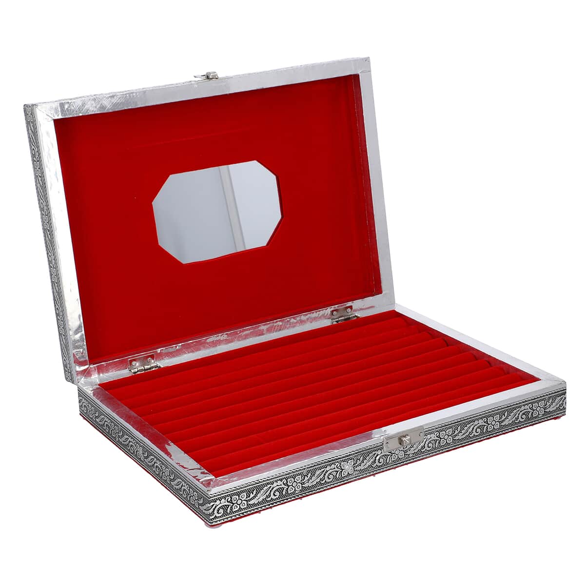 Handcrafted Aluminum Eagle Pattern Jewelry Box with Velvet Interior and Mirror (11x7.75x2) image number 4