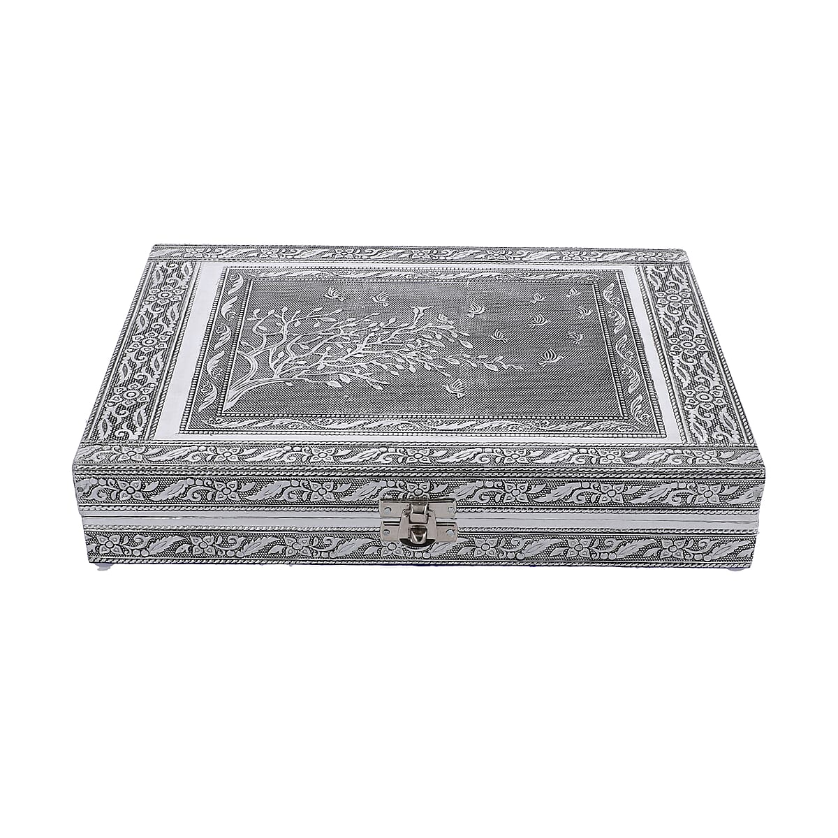 Handcrafted Aluminum Tree of Life Pattern Jewelry Box with Velvet Interior and Mirror (11x7.75x2) image number 1