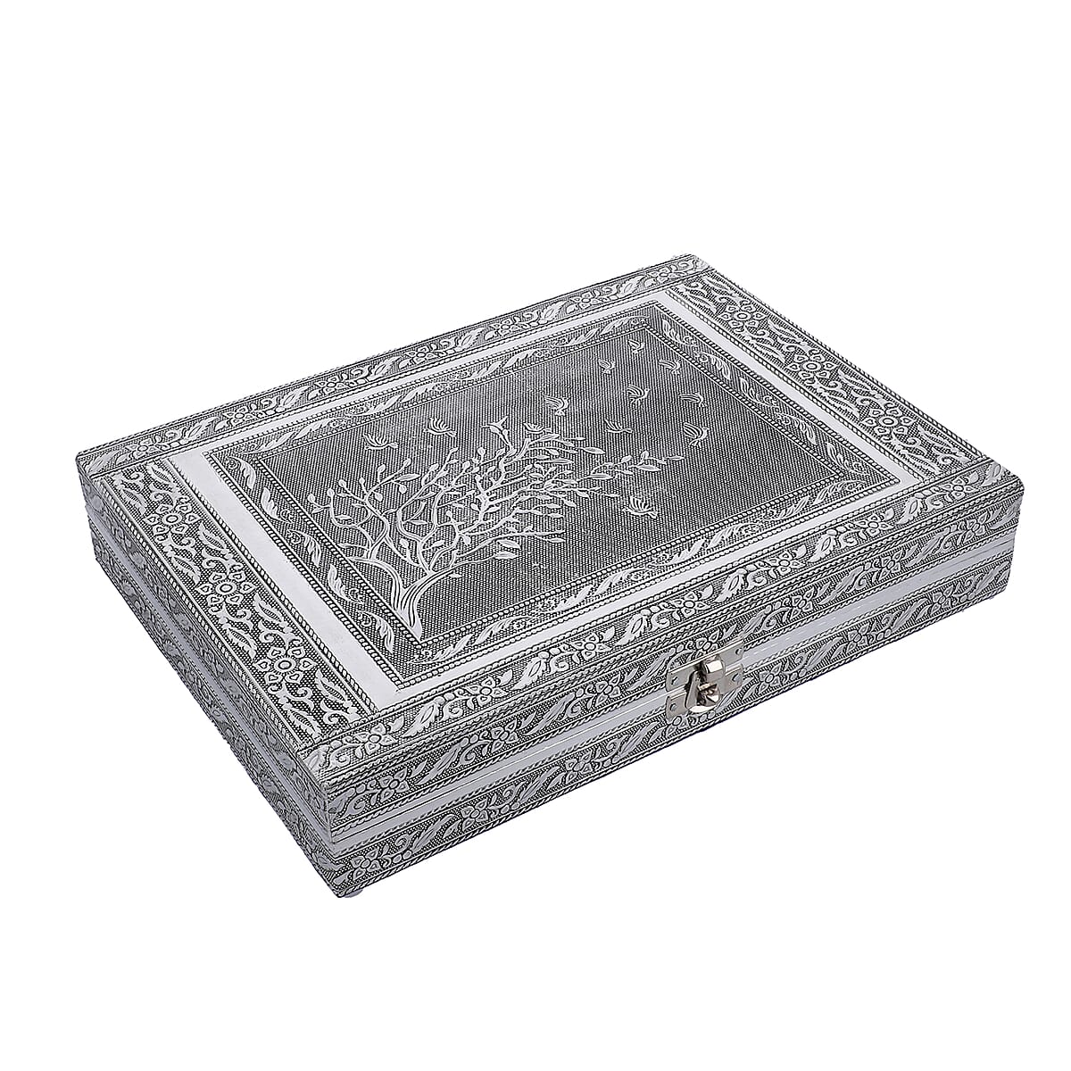 Handcrafted Aluminum Tree of Life Pattern Jewelry Box with Velvet Interior and Mirror (11x7.75x2) image number 2