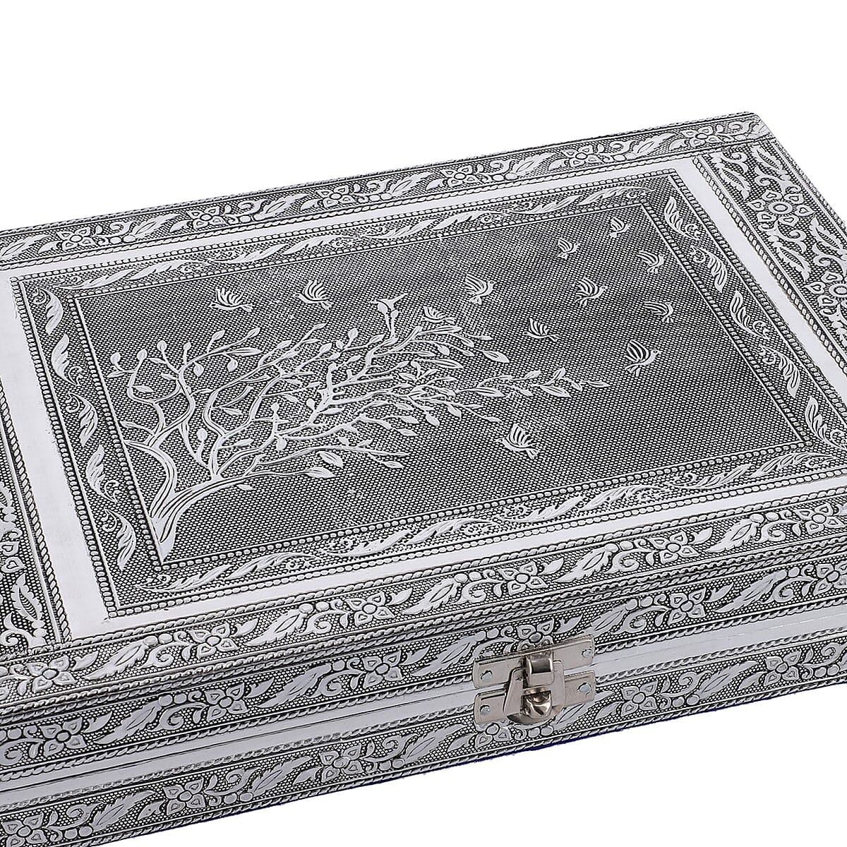Handcrafted Aluminum Tree of Life Pattern Jewelry Box with Velvet Interior and Mirror (11x7.75x2) image number 3