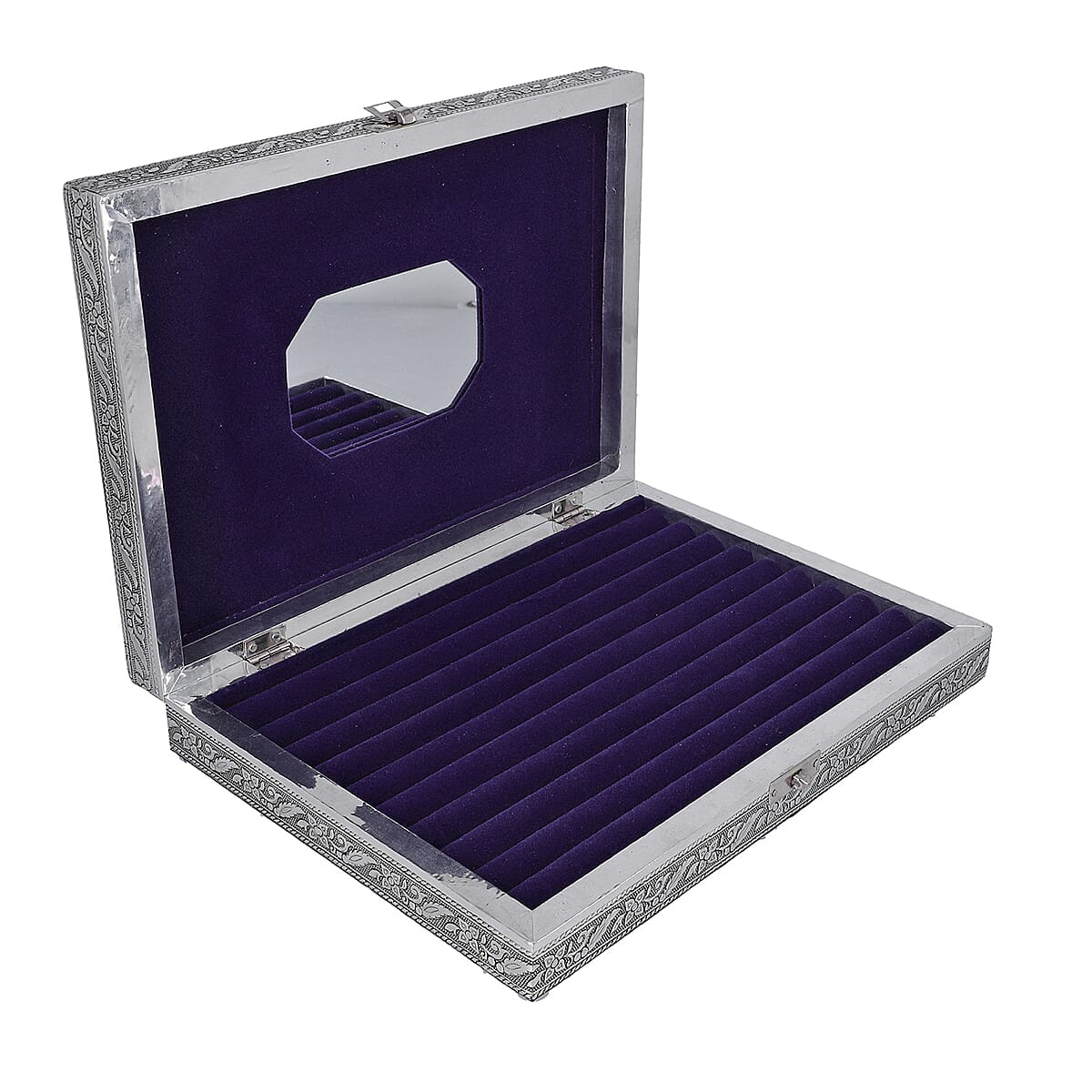Handcrafted Aluminum Tree of Life Pattern Jewelry Box with Velvet Interior and Mirror (11x7.75x2) image number 4