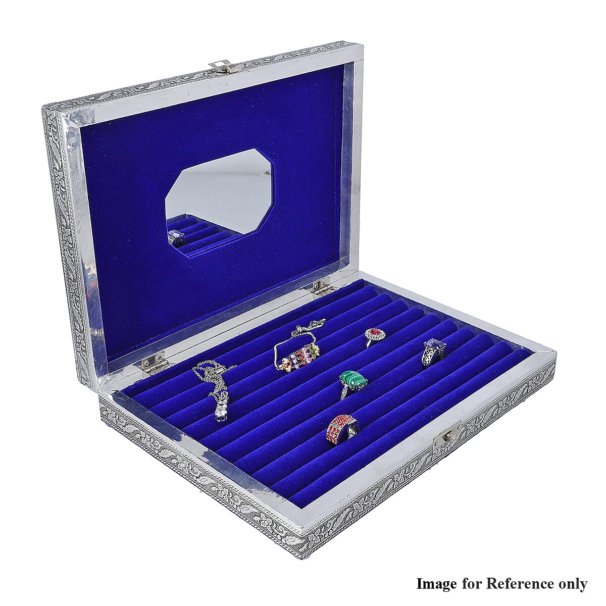 Handcrafted Aluminum Tree of Life Pattern Jewelry Box with Velvet Interior and Mirror (11x7.75x2) image number 5