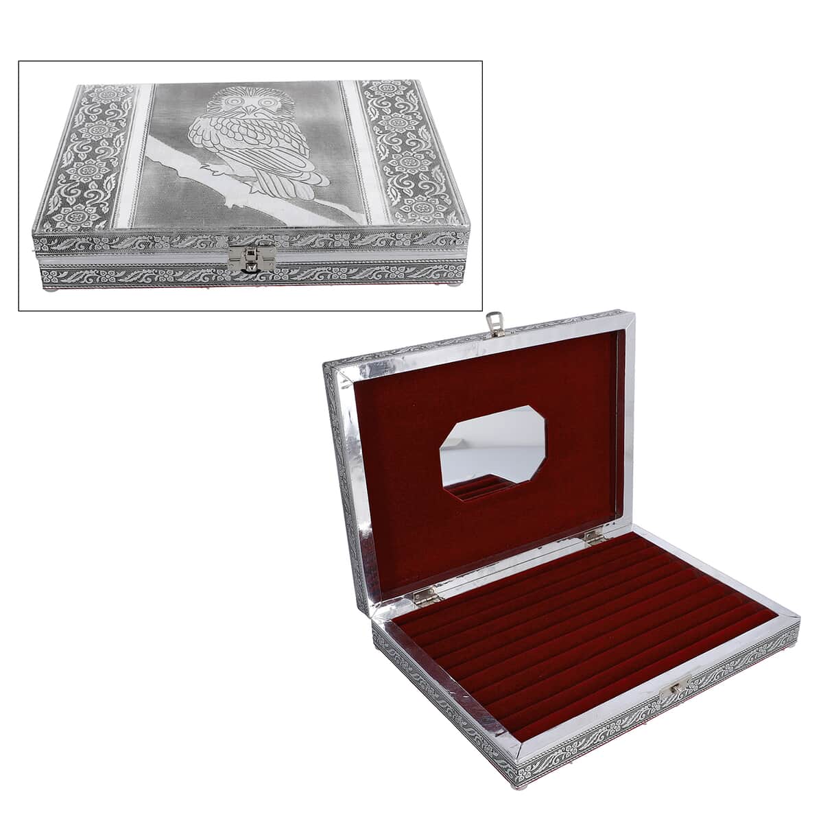 Handcrafted Aluminum Owl Pattern Jewelry Box with Velvet Interior and Mirror image number 0