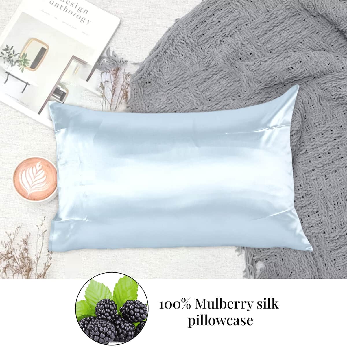 Symphony Home Blue 100% Mulberry Silk Pillowcase Infused with Hyaluronic Acid & Argan Oil - Full, Pillow Protectors, Pillow Cover, Cushion Cover, Pillow Shams, Pillow Case Covers image number 2