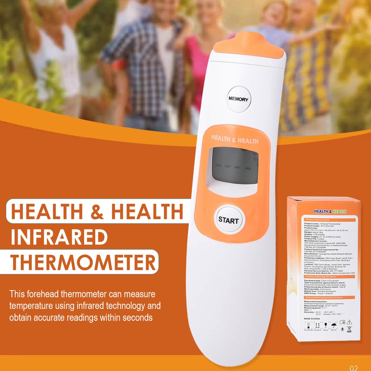 HEALTH & HEALTH Infrared Thermometer with 3 Color LCD Display (Measurement Range : 89.6F to 109.2F) (2xAAA Battery Not Included) , Best Digital Thermometer , Safe Outdoor Thermometer image number 1