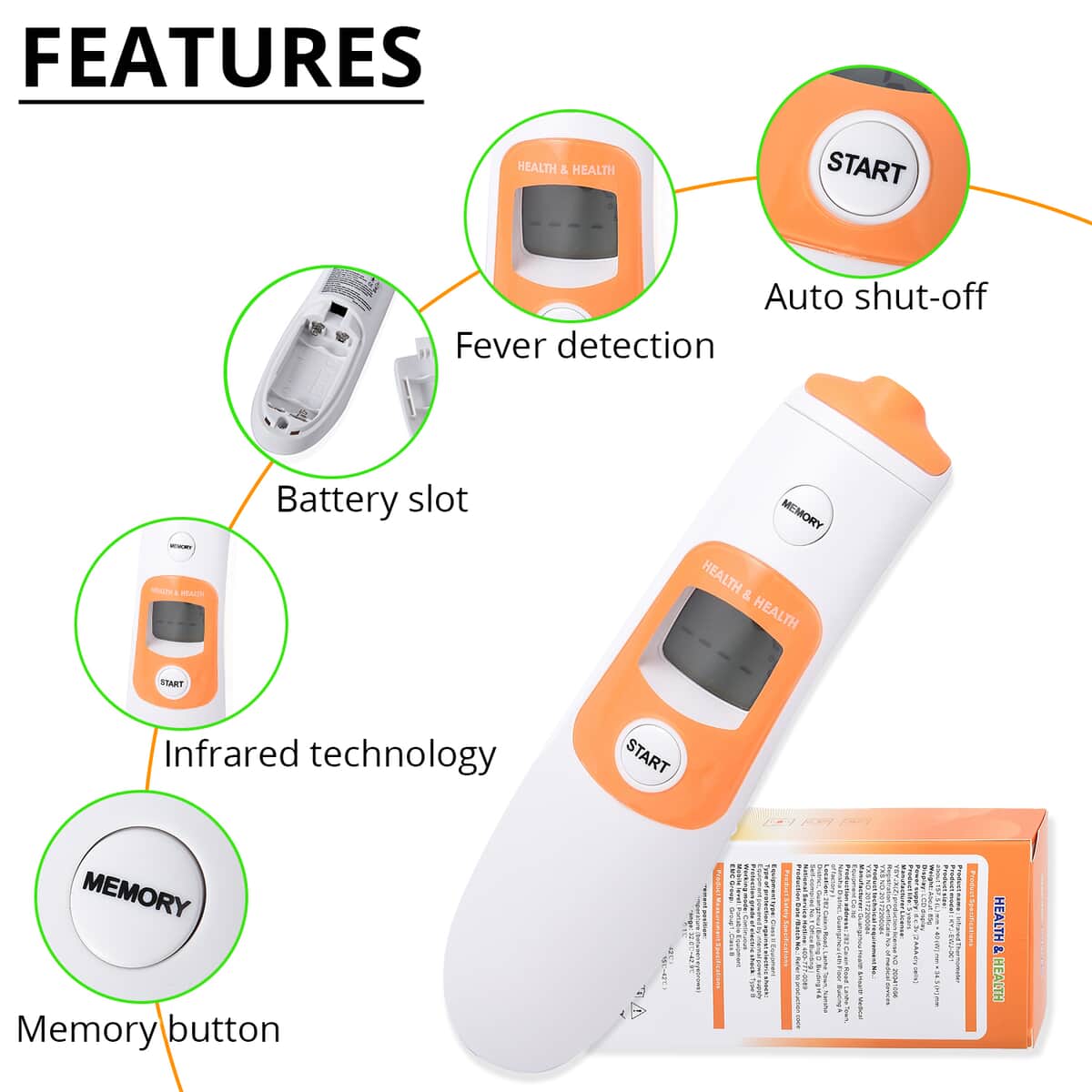 HEALTH & HEALTH Infrared Thermometer with 3 Color LCD Display (Measurement Range : 89.6F to 109.2F) (2xAAA Battery Not Included) , Best Digital Thermometer , Safe Outdoor Thermometer image number 2