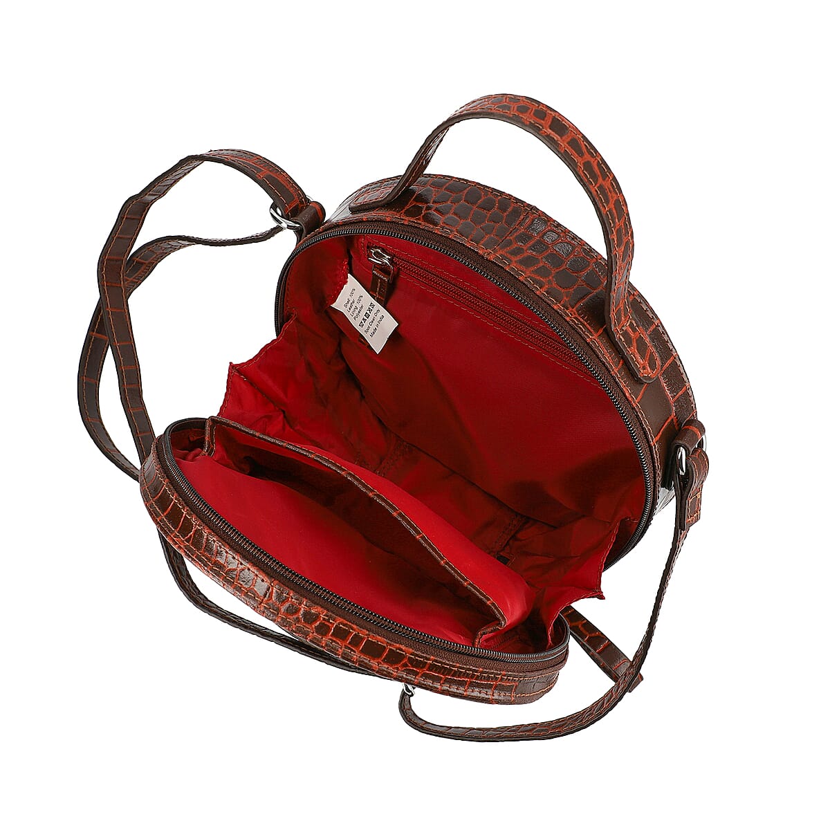 Brown Genuine Leather Crocodile Embossed Pattern Round Crossbody Bag image number 3