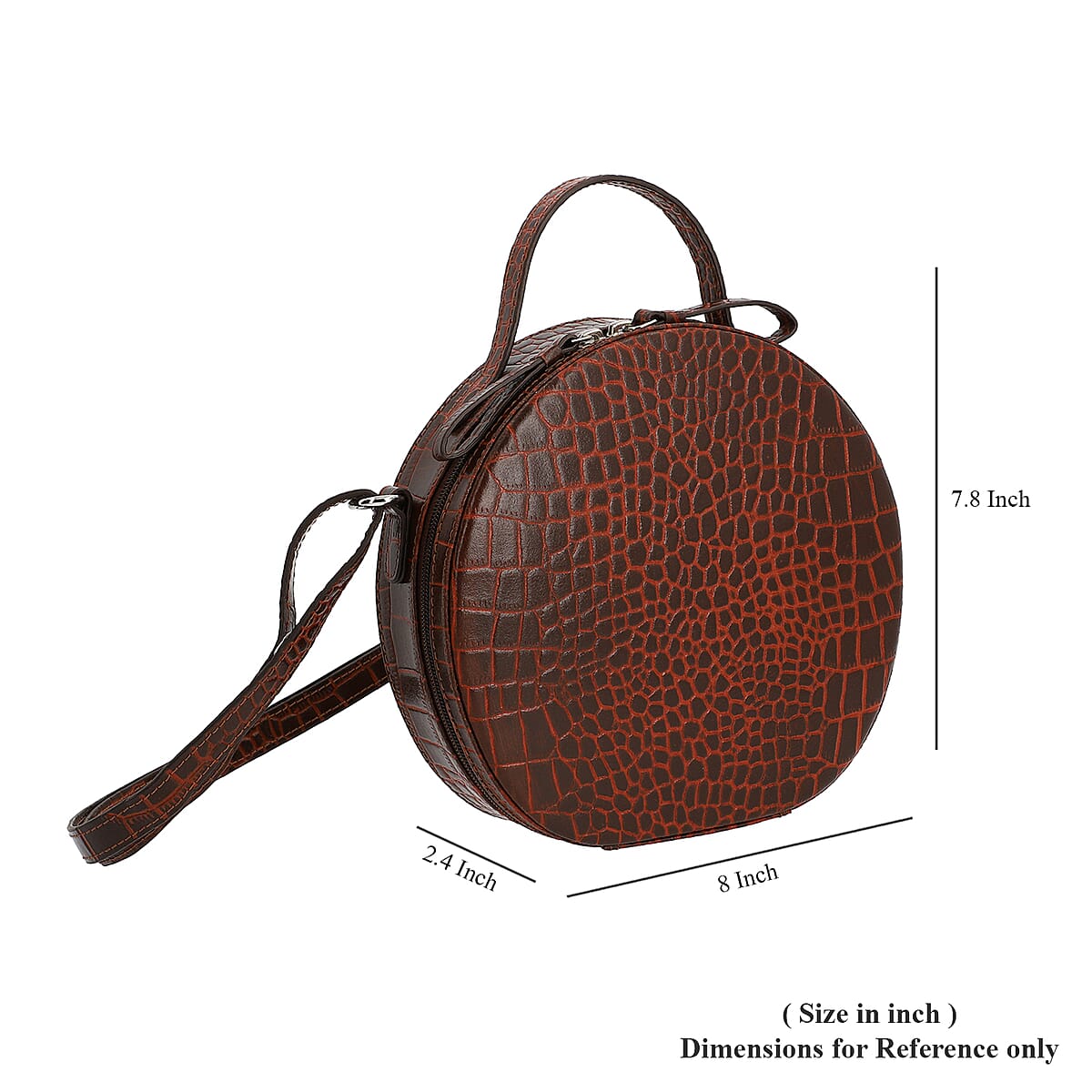 Brown Genuine Leather Crocodile Embossed Pattern Round Crossbody Bag image number 4