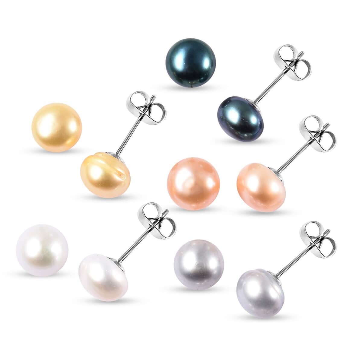 Set of 5 Freshwater Multi Color Cultured Pearl Stud Earrings in Stainless Steel image number 0
