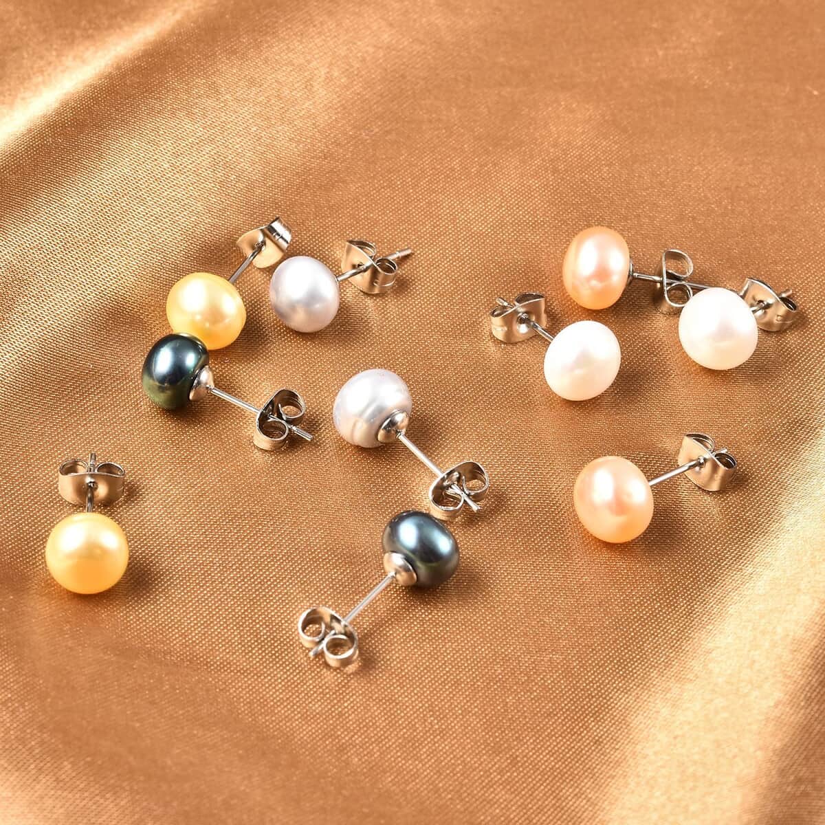 Set of 5 Freshwater Multi Color Cultured Pearl Stud Earrings in Stainless Steel image number 1