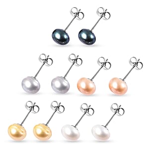 Set of 5 Freshwater Multi Color Cultured Pearl Stud Earrings in Stainless Steel