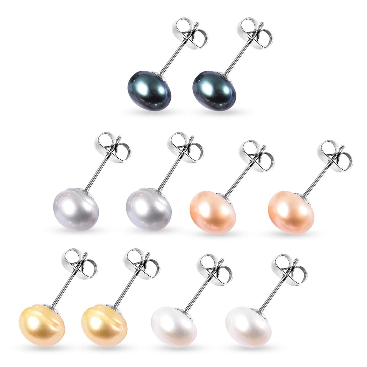 Set of 5 Freshwater Multi Color Cultured Pearl Stud Earrings in Stainless Steel image number 2