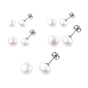 Set of 5 Freshwater White Cultured Pearl Stud Earrings in Stainless Steel