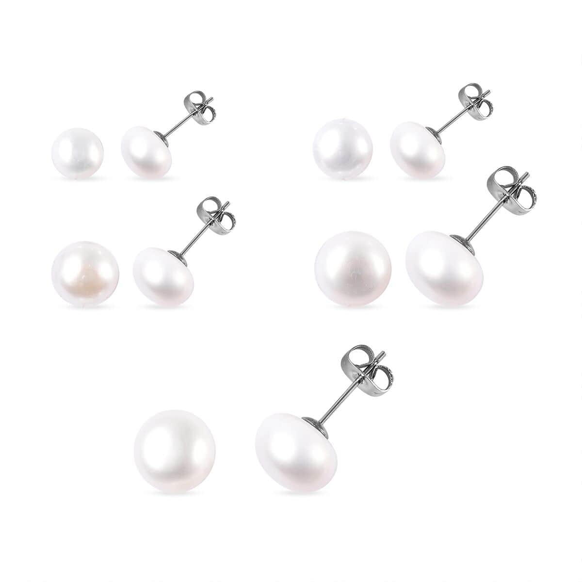 Set of 5 Freshwater White Cultured Pearl Stud Earrings in Stainless Steel image number 0
