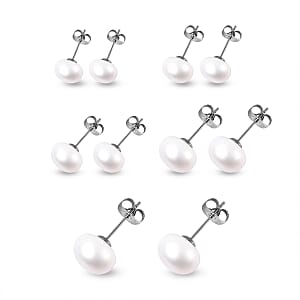 Set of 5 Freshwater White Cultured Pearl Stud Earrings in Stainless Steel