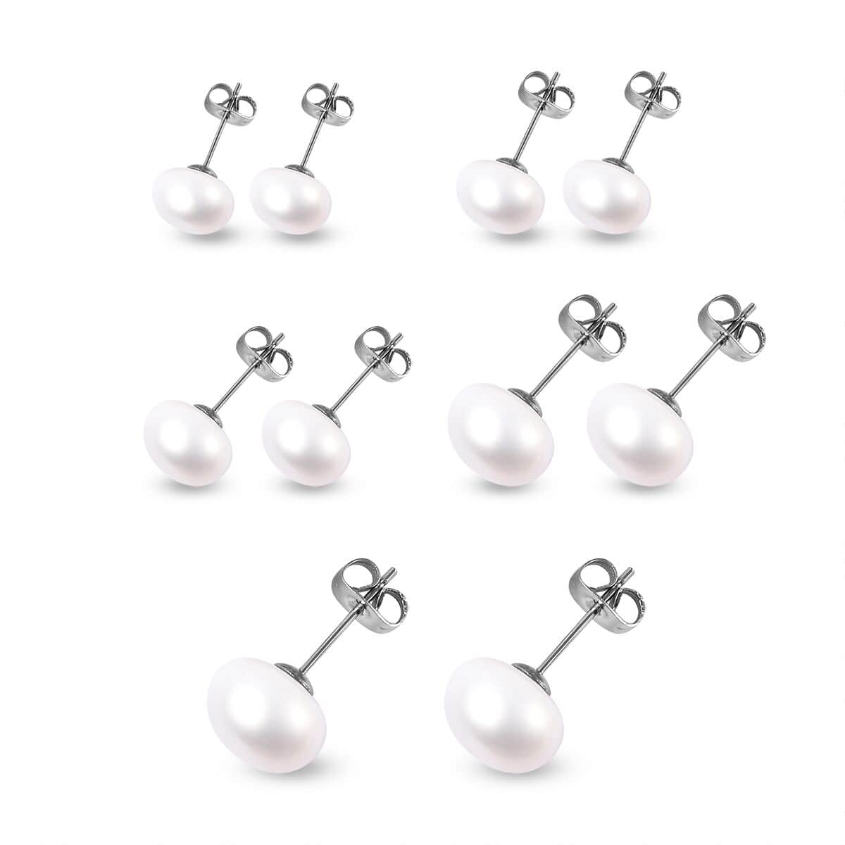 Set of 5 Freshwater White Cultured Pearl Stud Earrings in Stainless Steel image number 2