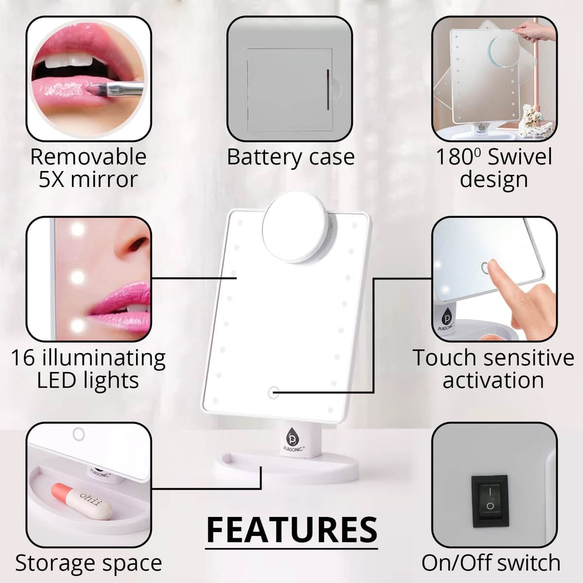 Pursonic White LED Touch Dimmable Vanity Makeup Mirror with Detachable 5x Mirror (4AA Batteries) image number 2