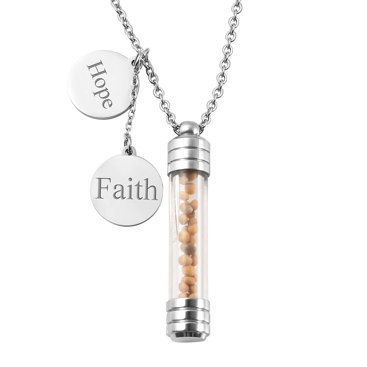 Mustard Seed Glass Bottle Charm Pendant Necklace 20 Inches in Stainless Steel image number 0