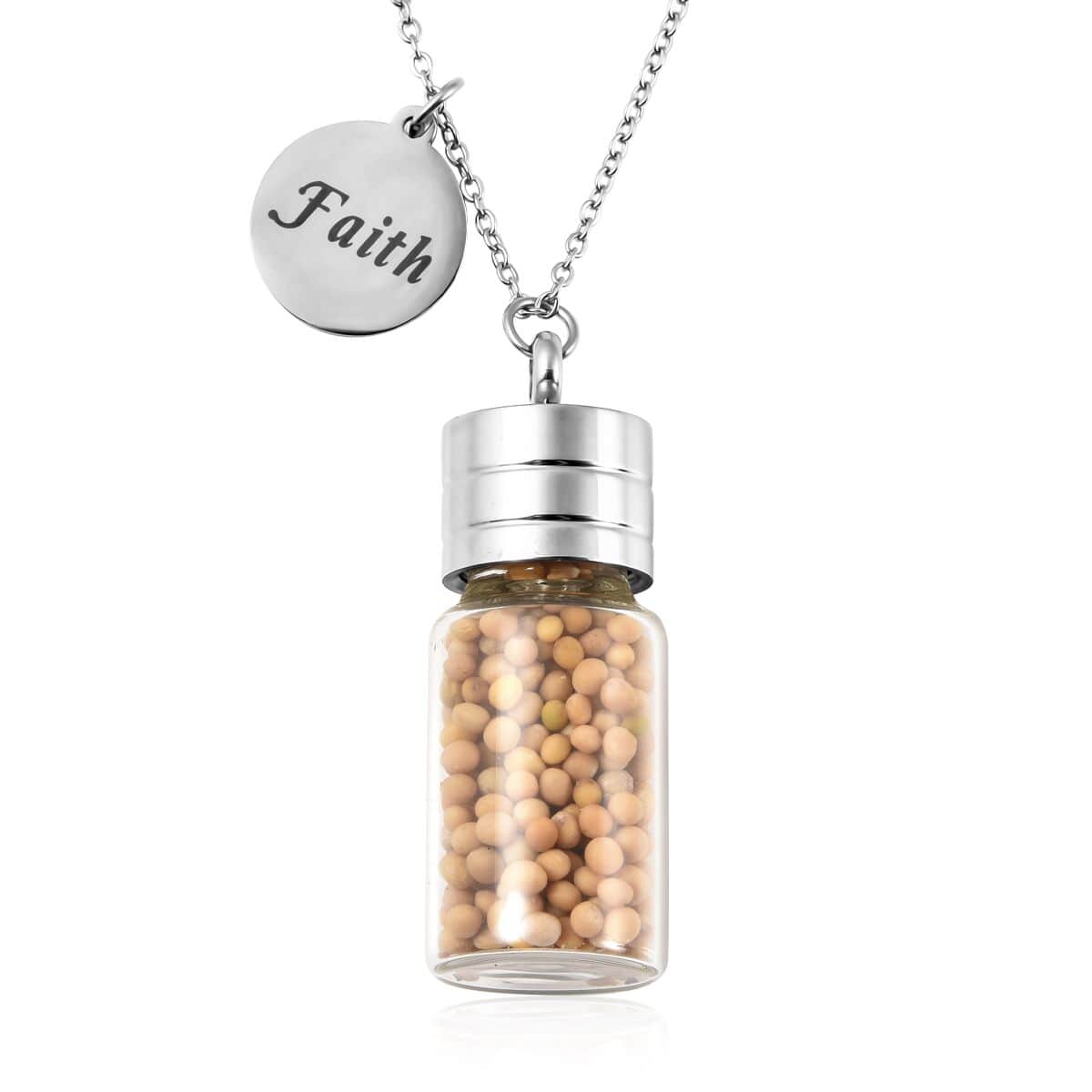 Mustard Seeds Glass Bottle Charm Pendant Necklace 20 Inches in Stainless Steel image number 0