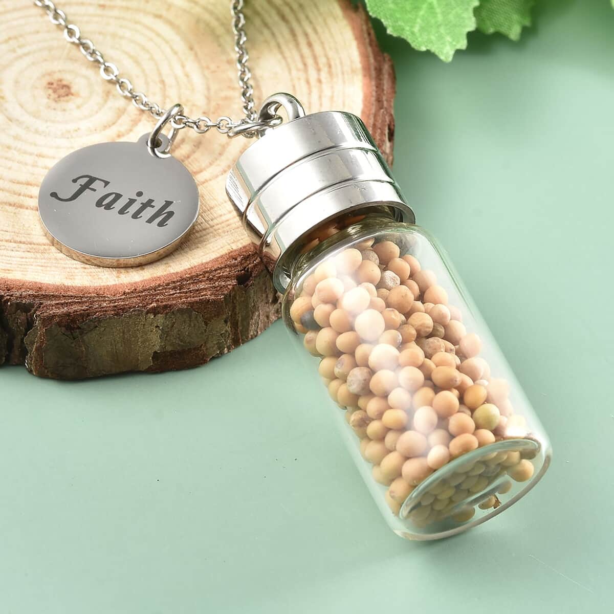 Mustard Seeds Glass Bottle Charm Pendant Necklace 20 Inches in Stainless Steel image number 1
