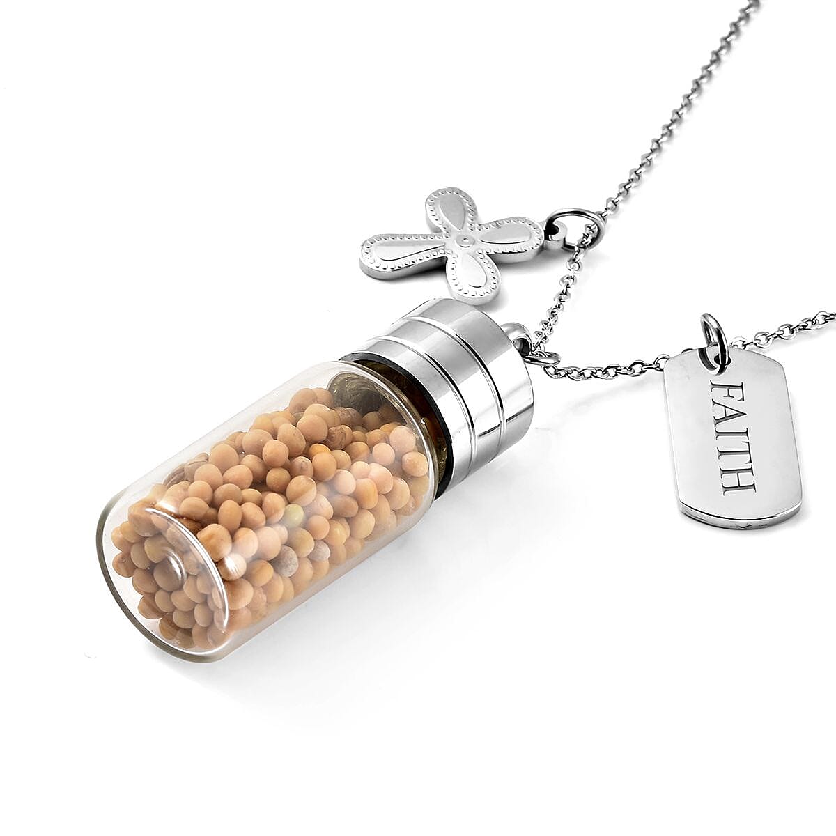 Mustard Seeds Glass Bottle Charm Pendant Necklace 20 Inches in Stainless Steel image number 3