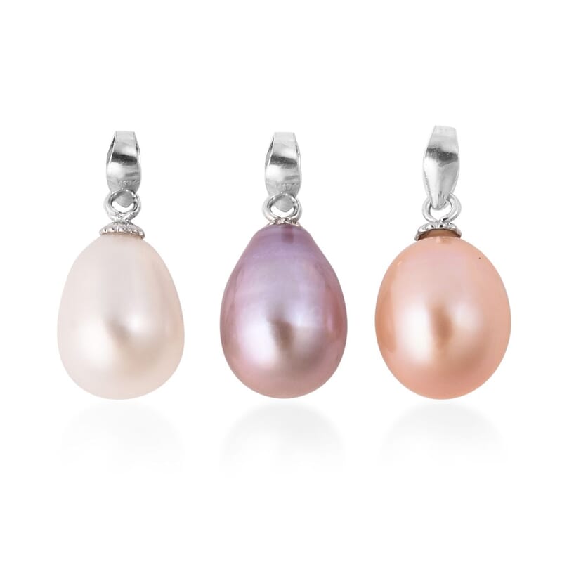 Set of 3 Freshwater Peach, White and Purple Pearl Drop Pendants in Sterling Silver
