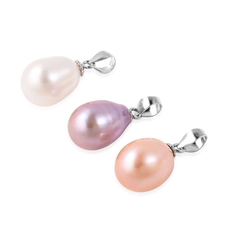 Set of 3 Freshwater Peach, White and Purple Pearl Drop Pendants in Sterling Silver