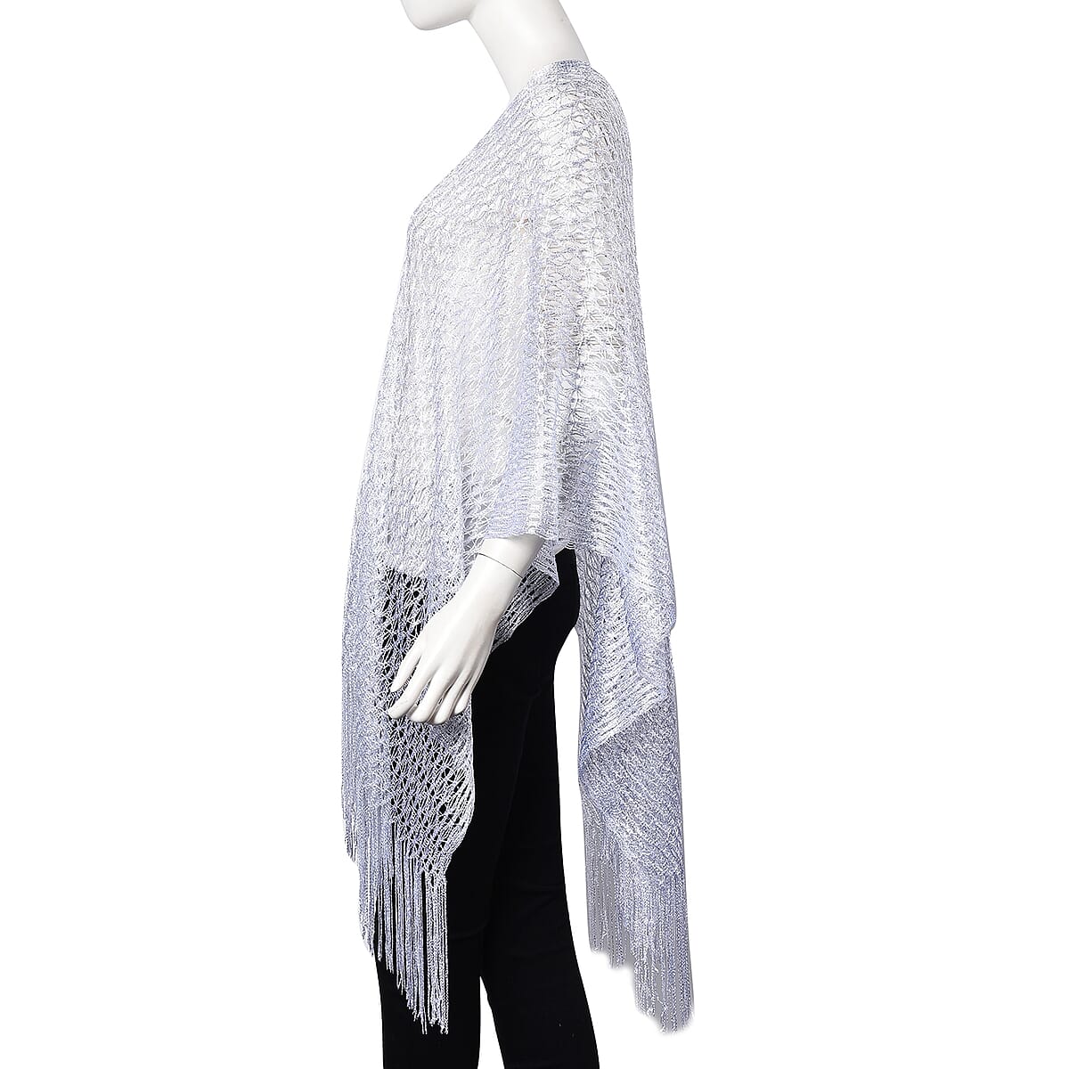 Silver Mesh Poncho with Fringes (One Size Fits Most, Polyester) image number 2