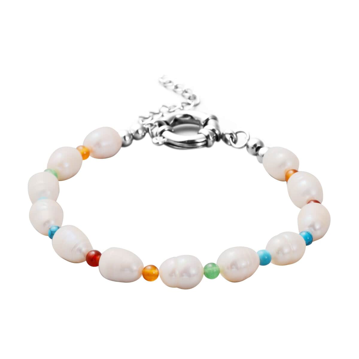 Freshwater White Cultured Pearl and Multi Gemstone Anklet 9-11 Inches in Stainless Steel 25.00 ctw image number 0