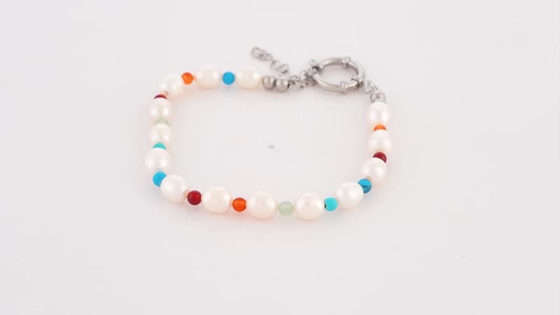 25 ctw Freshwater White Cultured Pearl and Multi Gemstone Anklet in Stainless Steel