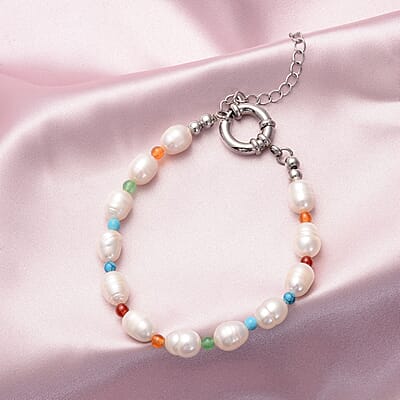 Freshwater White Cultured Pearl and Multi Gemstone Anklet 9-11 Inches in Stainless Steel 25.00 ctw