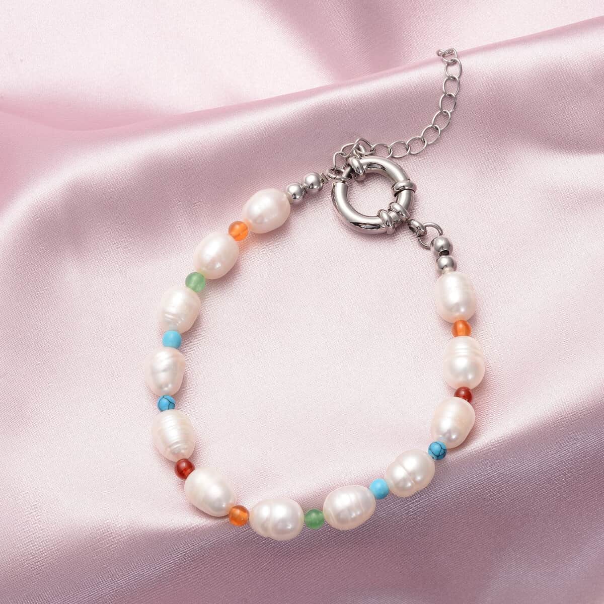 Freshwater White Cultured Pearl and Multi Gemstone Anklet 9-11 Inches in Stainless Steel 25.00 ctw image number 1