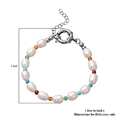 Freshwater White Cultured Pearl and Multi Gemstone Anklet 9-11 Inches in Stainless Steel 25.00 ctw