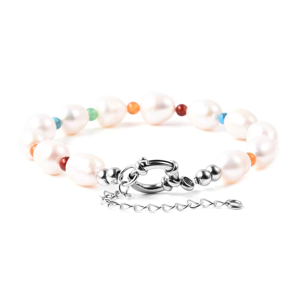 Freshwater White Cultured Pearl and Multi Gemstone Anklet 9-11 Inches in Stainless Steel 25.00 ctw image number 3