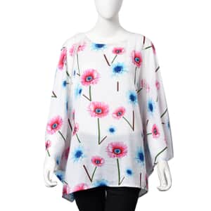 White, Multi Color Daisy Floral Pattern Blouse with Lace Trim (Viscose, One Size Fits Most)