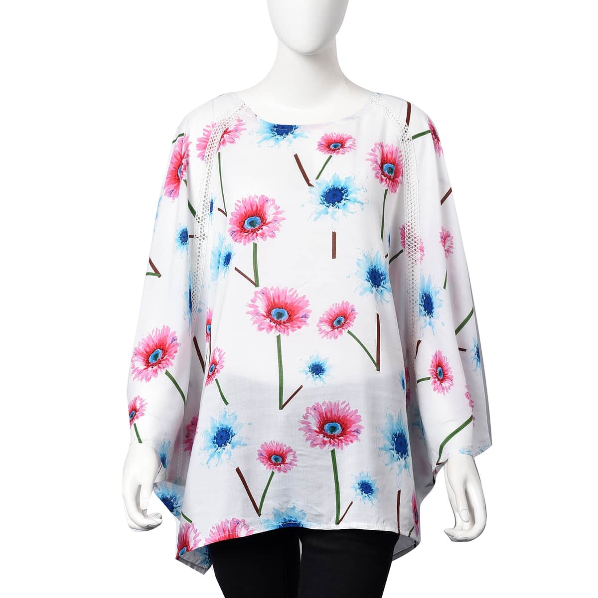 White, Multi Color Daisy Floral Pattern Blouse with Lace Trim (Viscose, One Size Fits Most) image number 0
