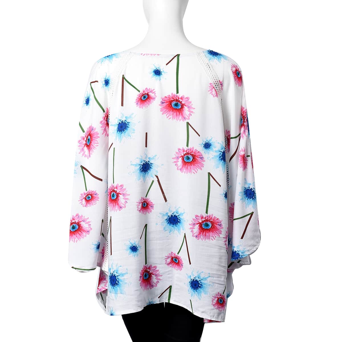 White, Multi Color Daisy Floral Pattern Blouse with Lace Trim (Viscose, One Size Fits Most) image number 1