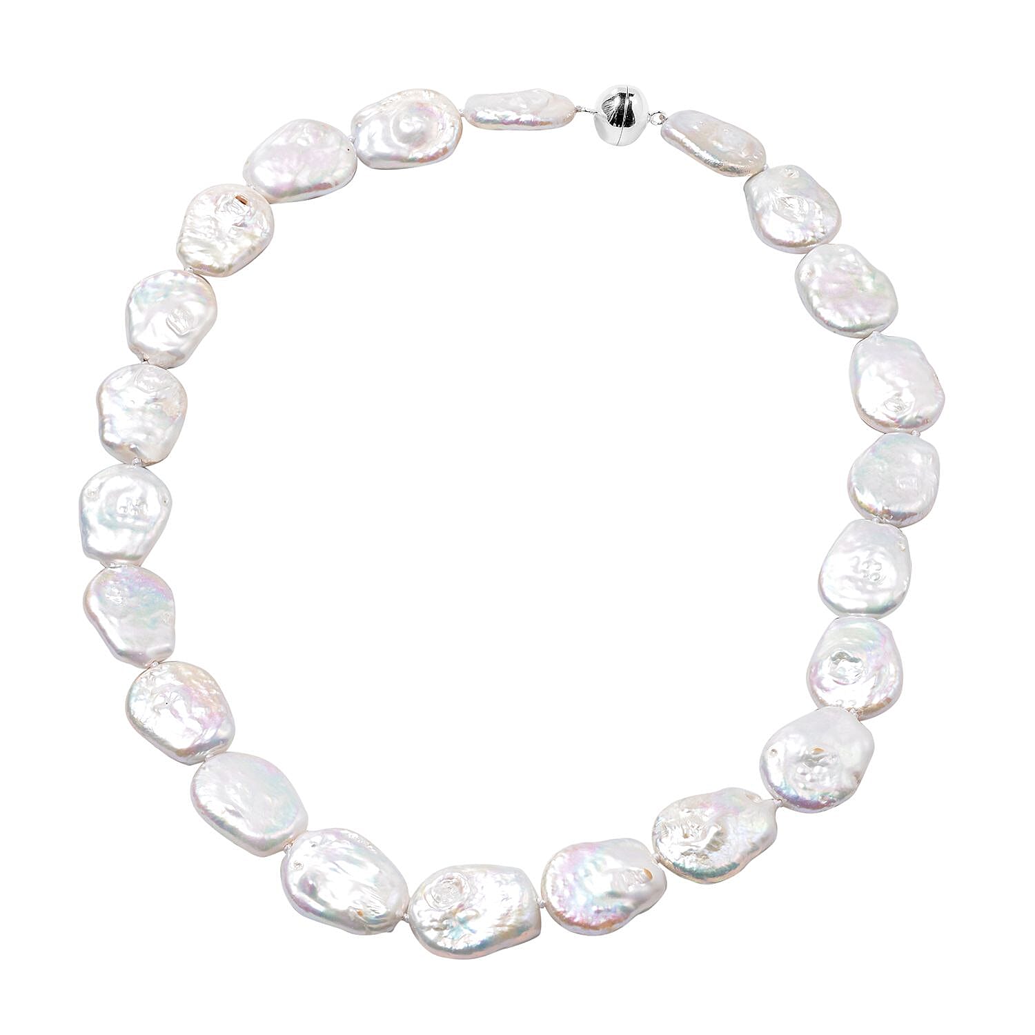 White Organic Cultured Pearl Necklace 20 Inches in Sterling Silver with Magnetic Clasp
