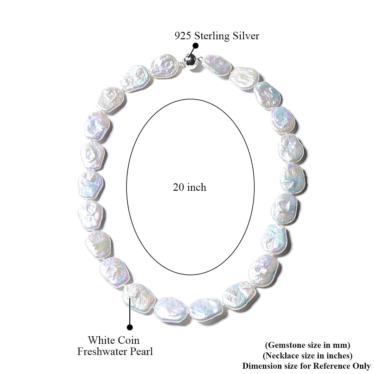 White Organic Cultured Pearl Necklace 20 Inches in Sterling Silver with Magnetic Clasp