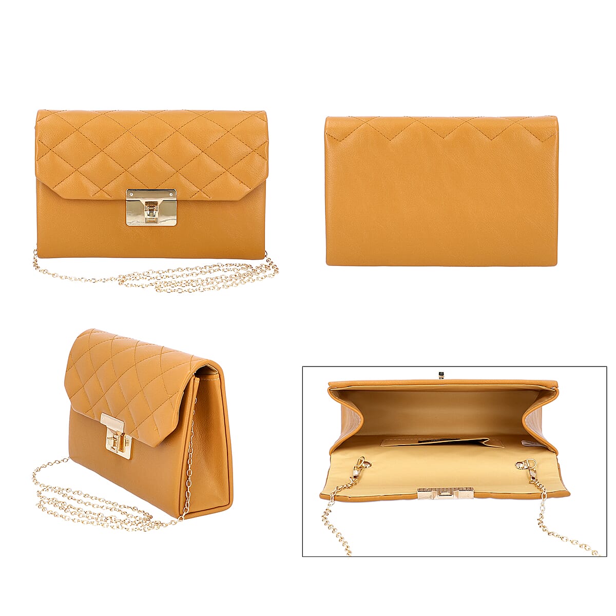 Fashion Mustard Faux Leather Quilted Crossbody Clutch Bag (8.5x5.5x2.5) image number 1