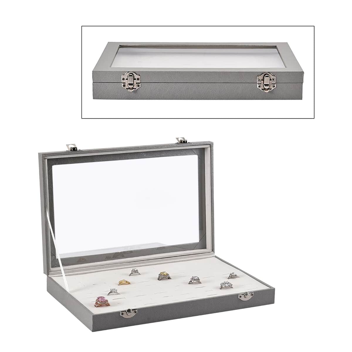 Silver Faux Leather Jewelry Organizer with Acrylic Window & Latch Clasp (72 Rings Slots) image number 0